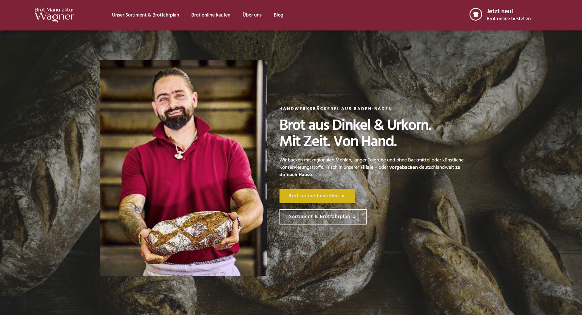 Aktuelle Startseite der Brotmanufaktur Wagner mit Marcel in seiner Backstube