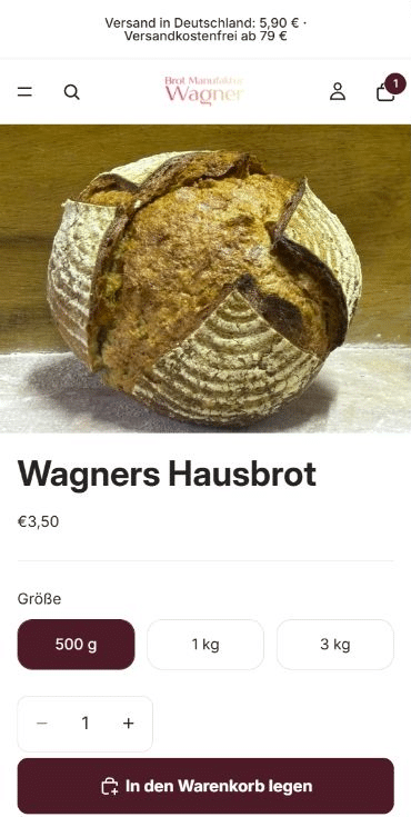 Mobile Produktseite von Wagners Hausbrot im Shopify-Shop